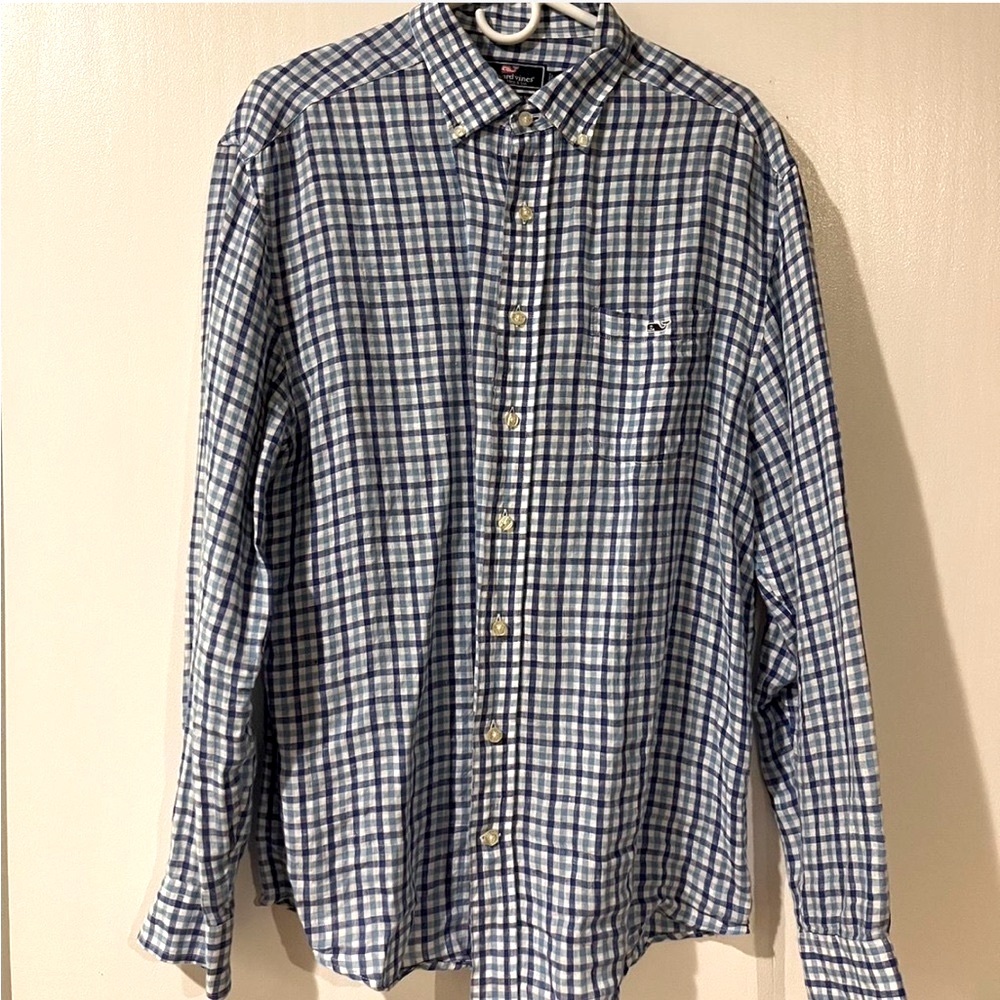Vineyard Vines Plaid Button Down Shirt Blue and White